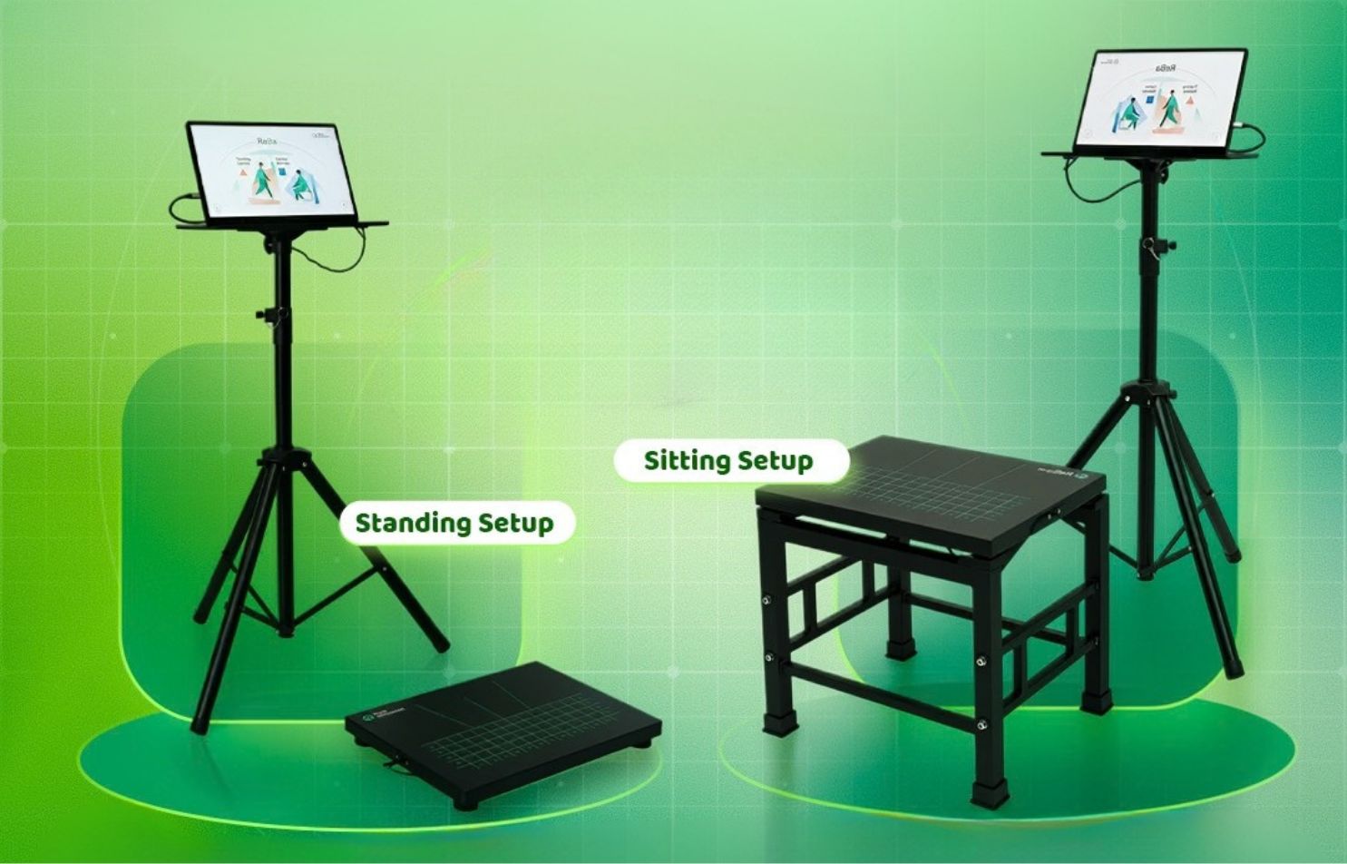 ReBa Lite computerised balance assessment device — standing and sitting setups